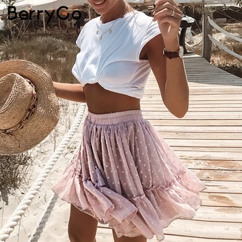 BerryGo tiskanja mini ženske krila Visoko pasu polka dot tassel zeleno črto poletno krilo Seksi ruffle plaži ženski tutu krila 2019
