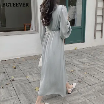 BGTEEVER Priložnostne V-neck Ženske Trdno-line Obleko z Dolgimi Rokavi Elastična Visoko Pasu Svoboden Žensko Obleko Elegantno Pomlad Vestidos 2021