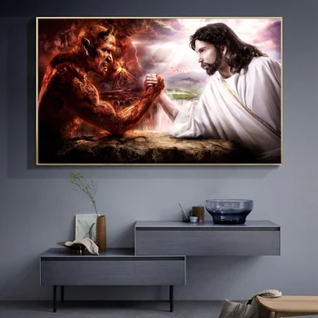 Bog Jezus Vs Satan Hudič Slikah Na Platnu Slikarstvo Plakatov In Fotografij Vere Wall Art Okras Za Krščansko Dnevna Soba