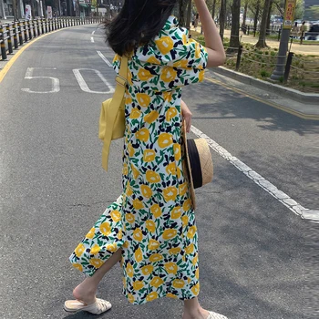 Bombaž Cvet Obleka Rumena Haljo Longue Puff Rokav Priložnostne Midi Korejski Poletje Plaža Vestido Festa Ženske Obleke Moda Feminina