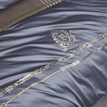 Bombaž percale posteljnina določa 4pcs srebrno siva rjuhe kritje nastavite občutljivo vezenje saten posteljnina evra dvojno 200 cm Kralj 240