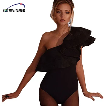 Bothwinner 2019 Ženske Obleka, Sexy Ruffle igralne obleke Črno Belo Letnik Eno ramo Bodycon Jumpsuit Combinaison Femme