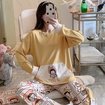 CAIYIER O-Vratu Japonski Dekleta Pižame Set Za Ženske z Dolgimi Rokavi Top +Elastični Pas Hlače za Prosti čas Sleepwear S Krpo Vrečko Homewe