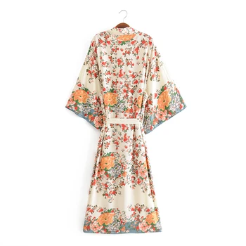 Chu Sau lepoto Nov Modni Boho Cvjetnim Tiskanja Dolgo Kimono Ženske Počitnice Proti-vrat Sashes Poletje Svoboden Dame, Dolge Obleke