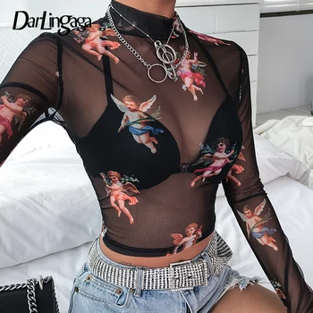 Darlingaga Moda prozorno črni Angel tiskanja očesa vrh turtleneck Kupid ženska t-shirt obreži zgoraj tee poletje seksi t shirt 2020
