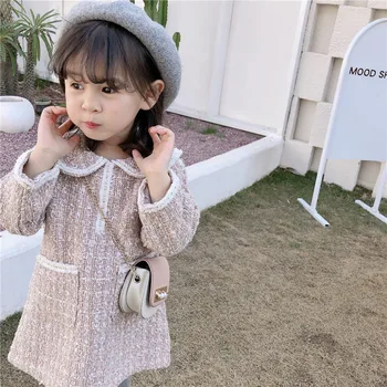 Dekleta Obleke Pomlad Ljubek 2020 Nov Slog Otroka v korejskem slogu, Volnene Obleko Modne Otrok O-vratu Oblačila