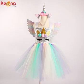 Dekleta Samorog Obleko Kostum Pastelnih Sequins Otroci Rainbow Unicorn Tutu Oblačenja za Dekleta Rojstni dan, Božič Halloween Oblačila