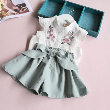 Dekliška Oblačila, ki Moda 2-Kos Vezeni Cvetlični Hlače, Majica otroška Oblačila Za Dekleta Roza