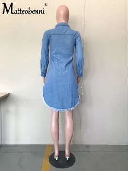 Denim Obleka Ženske Luknjo Rese Midi Obleko Modra Svoboden Dolg Rokav river Zapenjanje 2020 Jesenska Moda za Ženske Mini Obleka Nova