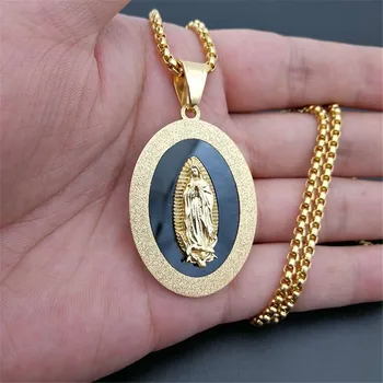 Devica Marija Ogrlico, Obesek iz Plemenitega Jekla Moških Christian Nakit Gospa iz Guadalupe Čudežno Ovalne Medaljo Ogrlica