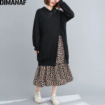 DIMANAF Plus Velikost Ženske obleke Leopard Tiskanja Jeseni Bombaž Hooded Lady Vestidos Ženska Oblačila, Casual Svoboden, Dolg Rokav Obleka