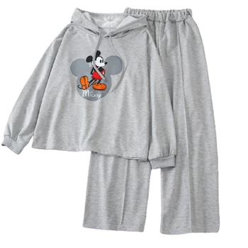 Disney Mickey Risanka Moda Ohlapen pulover s kapuco + Šport Širok Noge Hlače, dvodelne Kažejo visoko, Udobno in visoko kakovost Set