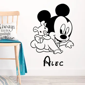 Disney Prilagojene Baby Ime Risanka Mickey Mouse Vinil Stenske Nalepke Vrtec Sobo, Nalepke Otroci Fant Spalnica Dekoracijo