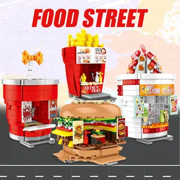 DIY Sladoled, Čips Burger Cola House Trgovina Stavb Blokov Za Mesto Street View Trgovina s Hrano Opeke Igrače Za Otroke
