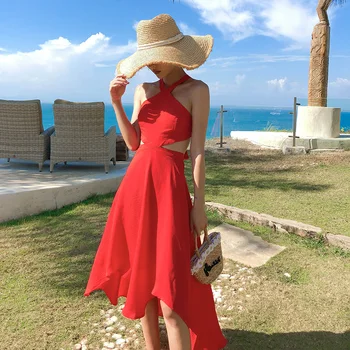 Dolge Rdeče Backless Ženske Povodcem Obleko Poletje 2020 Vzletno-Pristajalne Steze Eleganten Stranka Obleko Maxi Korejski Seksi Tropski Plaži, Počitnice Sundress