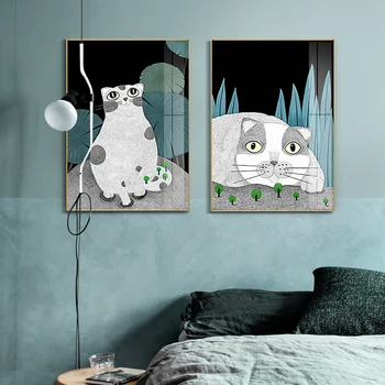Doma dekor zelenih rastlin Wall art platno slikarstvo živali Mačka Stenske Plakate za otroke, Soba Art Okras Slike morden