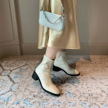Donna-v Jeseni Ženske Čevlji za Šivanje Vklesan Gleženj Škornji Modni Visoke Pete Gospe Zimski Škorenjčki 2020 Dame Čevlji