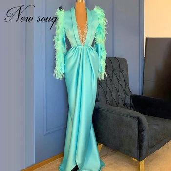 Dubaj Arabski Formalno Obleko Perje Večerne Obleke Plus Velikost Zvečer Obrabe 2020 Couture V Vratu Beading Dekleta Stranka Obleka Za Maturantski Ples