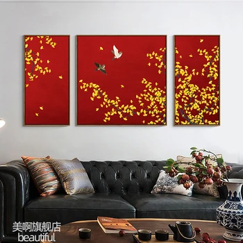 EECAMAIL DIY Diamond Slikarstvo Polno Diamond Vezenje Kitajski Slog Ginkgo Leaf Cvet Ptica, Triptiha, ki Visi Slikarstvo Brez Okvirja