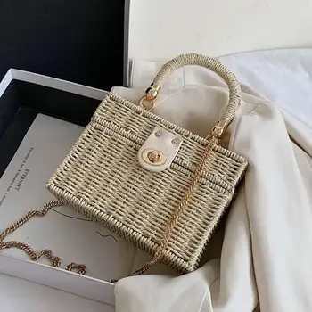 Elegantni Ženski Polje Tote vrečko 2020 Novih kakovostnih Slame Žensk Oblikovalec Torbici Vezavi Verige Ramenski Messenger Bag torba za Plažo