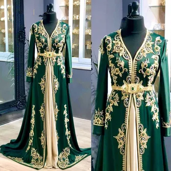 Elegantno Zelena Prom Oblačenja Kristalno Beading Saten A-Line Muslimanskih Večerne Obleke 2020 Proti-Vrat Vezenje Dubaj Stranka Obleko vestidos