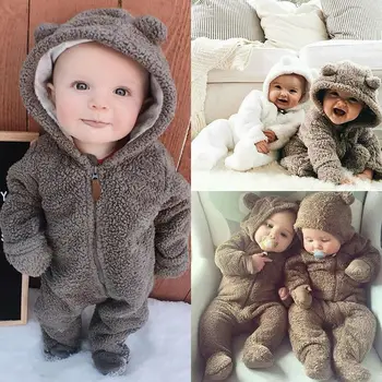 Emmababy Newborn Baby Girl Boy Fuzzy Oblačila Hooded Romper Jumpsuit Obleko 0-24M