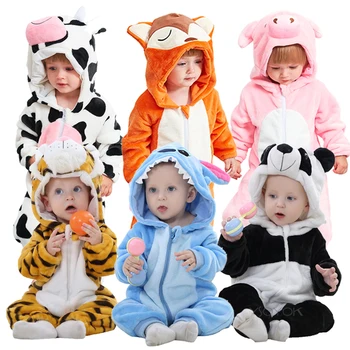 Flanela Fantje Dekleta Živali, igralne obleke 2 3 4 Leto Risanka Panda Krava Prašič Otroci Hooded Newborn Baby Oblačila bebes Jumpsuit