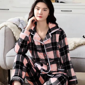 Flanela za Ženske Pižame Določa Pozimi Toplo Homewear 2020 Moda nightgown Plus Velikost Priložnostne Ženski Zavoj navzdol Ovratnik Pižami