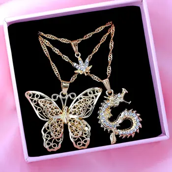 Flatfoosie 3Pcs/set Kristalno Zmaj Maple Leaf Ogrlico, Obesek za Ženske Modni Zlato Barvo Votlih Butterfly Nakit Ogrlica