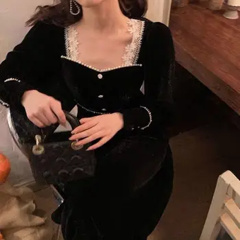 Francoski Stil Elegantna Dama Žensko Vestidos Ženske Modni Dolg Rokav Stranka Mozaik Bele Čipke Črno Obleko N3002