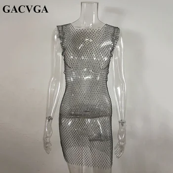 GACVGA 2020 Crystal Mesh Bodycon Obleko, Črno Bele žene brez Rokavov Seksi Poletni Plaži Obleko Votlih Stranke Obleke Maxi Vestido
