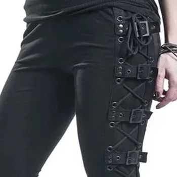 Gothic Punk Čipke Priložnostne Tovora Hlače Ženske Sponke Rock Temno Črno Pantalones Visoko Pasu Plus Velikost Hlače S-5XL Dolge Hlače