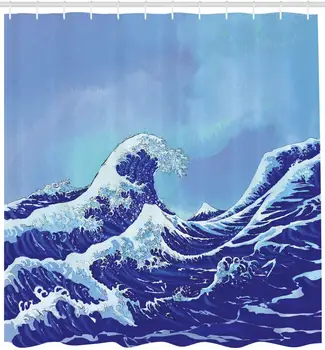 Gunma Tuš Zavesa Velik Cunami v Ocean Blue Sky Japonski Narava, Morje Valovi Umetnosti Tkanine, Tkanine, Kopalnica Dekor Set