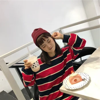 Harajuku Ženske hoodies Long Sleeve Majica zgornji deli oblacil Ženske Striped Oblačila, casual Ohlapno, tanko bombaž Sweatshirts jeseni Puloverji