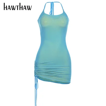 Hawthaw Ženske Poletje Brez Rokavov Očesa Bodycon Soild Barve Povodcem Paket Hip Mini Obleka Sundress 2021 Ženska Oblačila Ulične