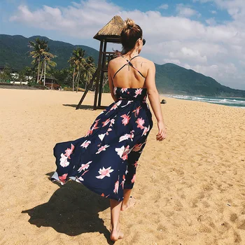 Hitro prodati preko amazon prodaja novih seksi proti-vrat backless obleko modne tiskanje vežejo plaža obleko