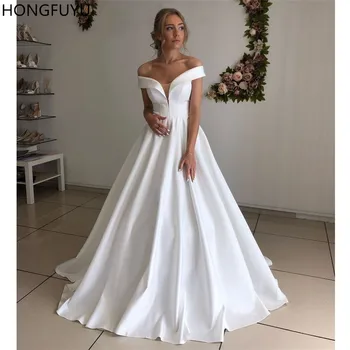 HONGFUYU Preprost Off Ramenski Bele Poročne Obleke Saten A-Linijo Poročnih Oblek Iluzijo Poročne obleke po Meri izdelane Čipke Up Korzet