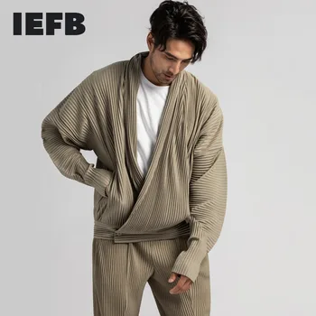 IEFB /oblačila za moške naguban oblačila Japonski krat tkanine strani gubam prekrivajo, V ovratnik kratke slog prevelik plašč za moški JL109