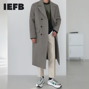 IEFB Volnene plašč moški korejski moda nad kolena sredi dolžina pozimi zadebelitev svoboden dvojno zapenjanje toplo dolg plašč novo 9Y4486