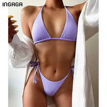 INGAGA Push Up Bikini Kopalke 2021 Kopalke Ženske Tangice Visoko Izreži Biquini Kopalcev Povodcem Plažo kopalke Bikini Komplet