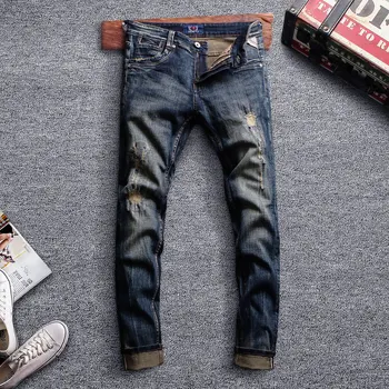 Italijanski Modni Stil Moške Jeans Visoke Kakovosti Retro Črno Modre Barve, Slim Fit Ripped Kavbojke Moški Ulične Letnik Modne Kavbojke