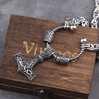 Iz nerjavečega Jekla kralj verige z rune biseri in thor je kladivo mjolnir viking ogrlica z leseno škatlo, kot fant darilo