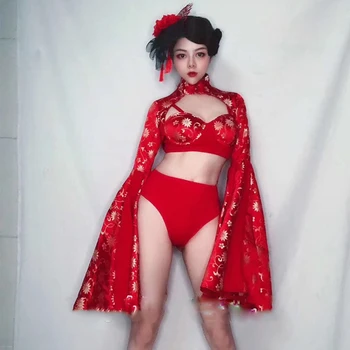 Jazz Kostume Rdeči Kitajski Slog Hanfu Bikini bo Ustrezala Tang bo Ustrezala Trobenta Rokav Seksi nočni klub GoGo Bar Ds Pole Dance Obleko DT2133