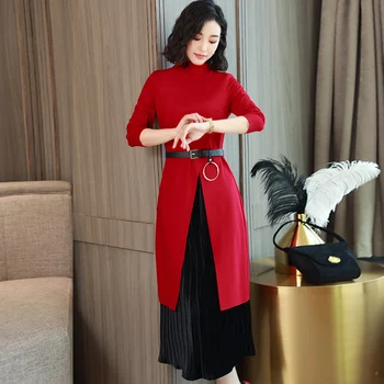 Jeseni leta 2018 nove ženske korejski moda obleko pleteno obleko temperament slim ponaredek dva kosa dolg rokav dosegla dno krilo