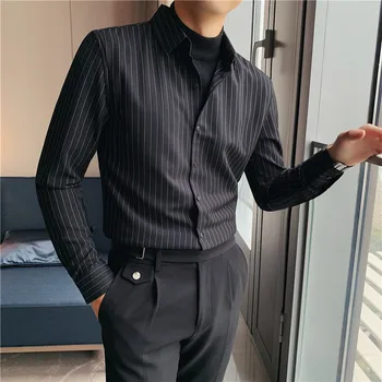 Jeseni, Pozimi Nove Ponaredek-2Pieces Črtaste Srajce za Moške Oblačila 2021 Preprost Poslovni Formalno Obrabe Priložnostne Bluzo Homme Črno/Siva