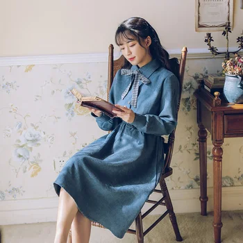 Jeseni Ženske Dolgo Velvet Dress Vintage Moda Elegantno A-Line Romantično Korejski Obleko Pomlad Midi Dolgo Trdno Lok Stranka Obleko