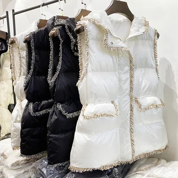 Jesenski zimski Telovnik vrhovi zadrgo brez rokavov žensk hooded mid-dolžina bombaž materiala ulične mode vse-tekmo barva