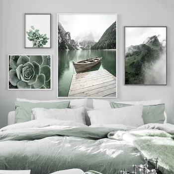 Jezero Čoln Gozd Succulents Zelenih Rastlin Nordijska Plakatov In Fotografij Wall Art Platno Slikarstvo Stenske Slike Za Dnevna Soba Dekor