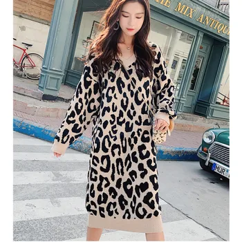 Kašmir Plus Velikost Dolgo Leopard Pulover Obleko Z Dolgimi Rokavi V Vratu Leopard Tiskanja Ohlapno Obleko 2019 Jeseni, Pozimi Ženske Obleke
