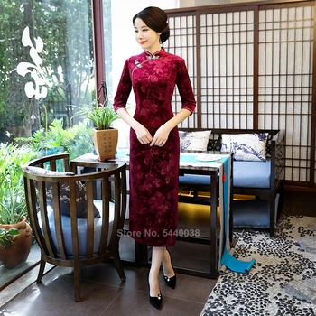 Kitajska Tradicionalna Oblačila Cheongsams za Ženske Zimske Jeseni Žamet Cvjetnim Natisne Tesen Slim Pol Rokav Split Obleko Qipao